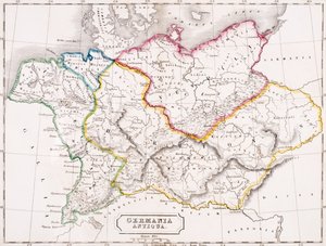 Saksan kartta, Germania Antiqua, Samuel Butlerin julkaisusta "The Atlas of Ancient Geography", julkaistu Lontoossa, noin 1829